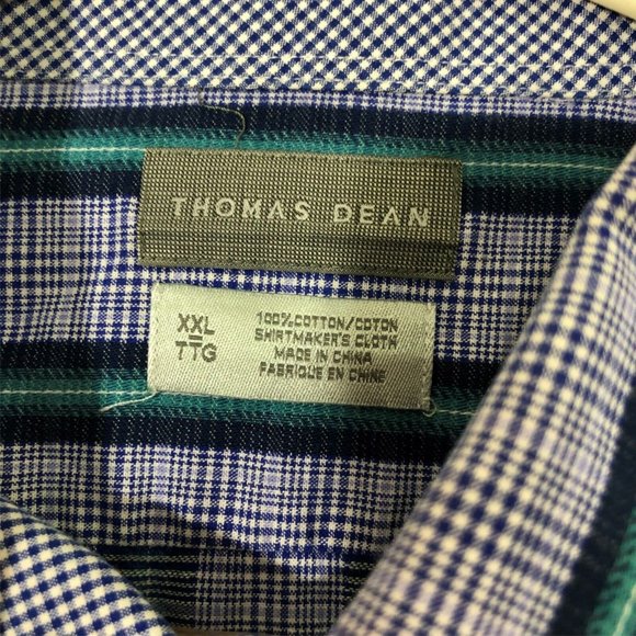 Thomas Dean Button Up Shirt Mens XXL Striped Checks Blue Long Sleeves Flip Cuffs - Picture 6 of 8